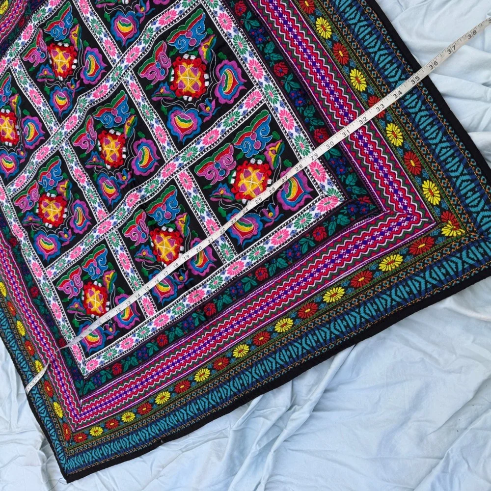 Vintage Hmong Embroidered Folk Art Textile Tapestry Black Multi Boho Floral